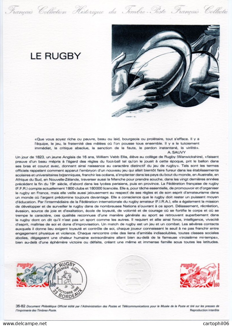 - Document Premier Jour LE RUGBY - BORDEAUX 9.10.1982 - - Rugby