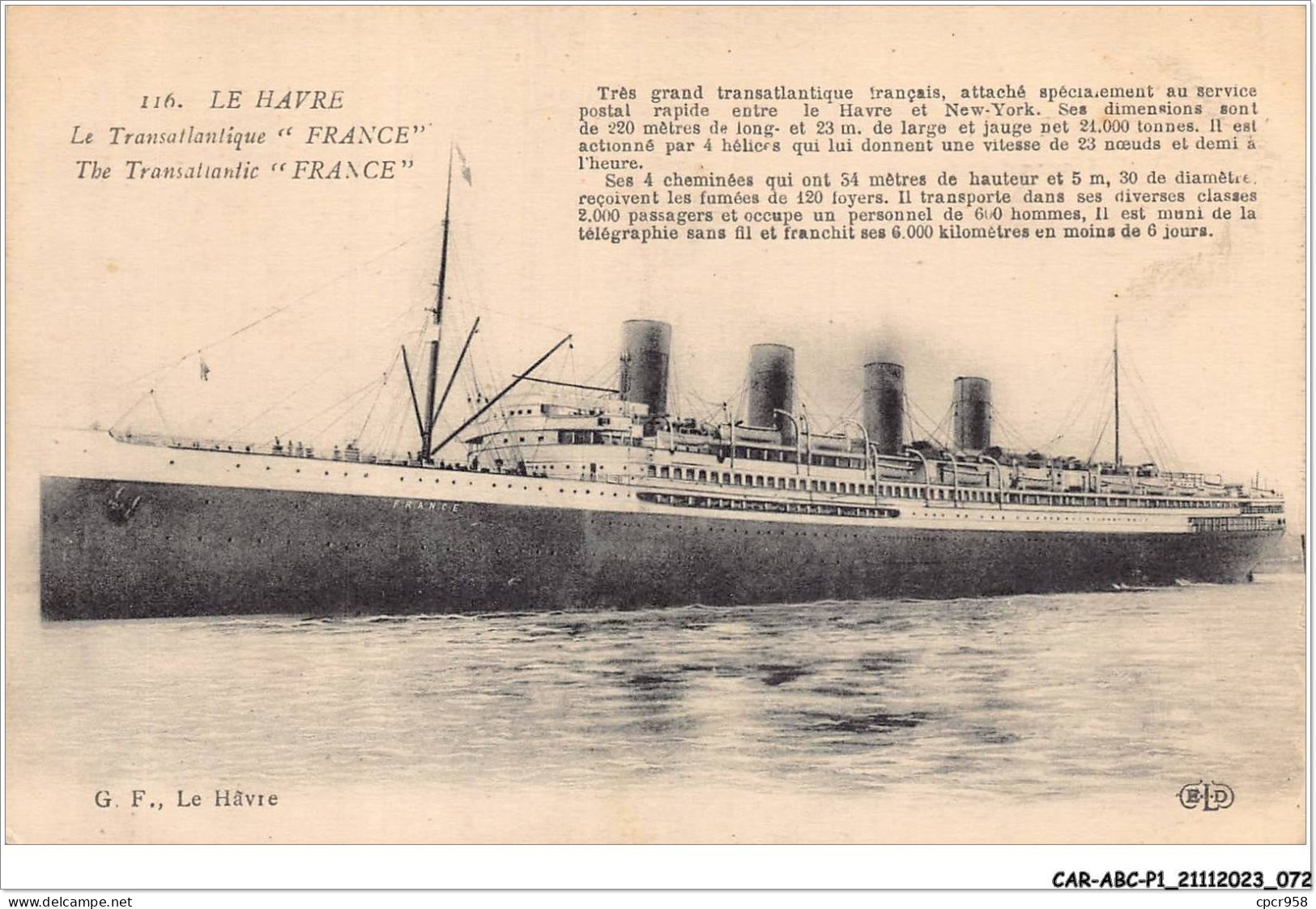 CAR-ABCP1-0037 - BATEAU - LE HAVRE - LE TRANSATLANTIQUE - FRANCE - Steamers