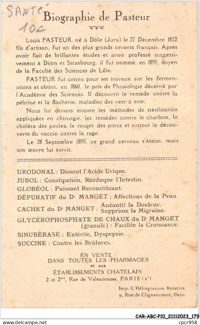 CAR-ABCP10-0991 - SANTE - CENTENAIRE DE PASTEUR - STRASBOURG 1923 - Santé