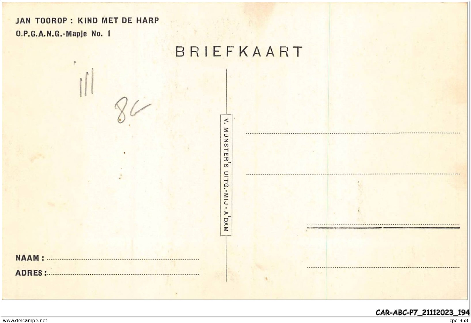 CAR-ABCP7-0670 - ILLUSTRATEUR - JAN TOOROP - KIND MET DE HARP  - Andere & Zonder Classificatie