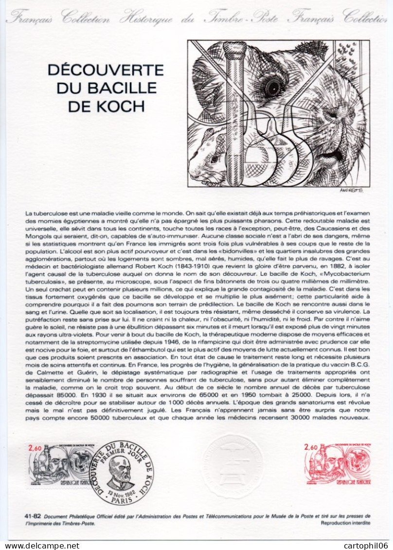 - Document Premier Jour LA DÉCOUVERTE DU BACILLE DE KOCH (tuberculose) - PARIS 13.11.1982 - - Krankheiten