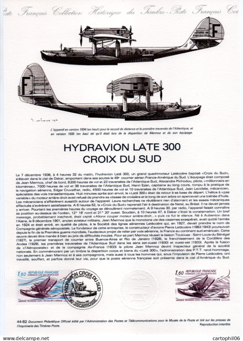 - Document Premier Jour L'HYDRAVION LATE 300 - CROIX DU SUD - BISCARROSSE 4.12.1982 - - Airplanes