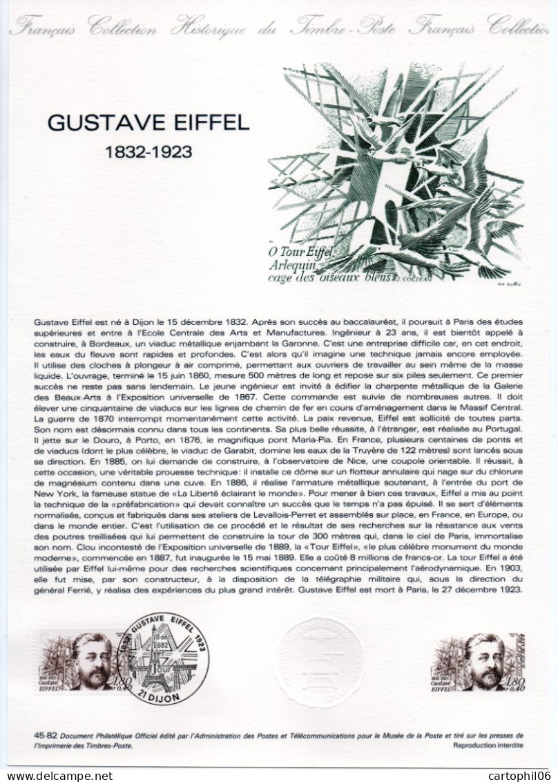 - Document Premier Jour GUSTAVE EIFFEL (1832-1923) - DIJON 18.12.1982 - - Otros & Sin Clasificación