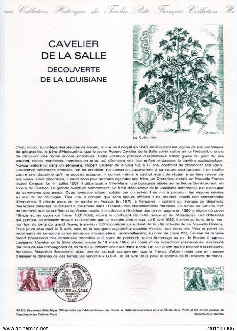 - Document Premier Jour CAVELIER DE LA SALLE - LA DÉCOUVERTE DE LA LOUISIANE - PARIS 18.12.1982 - - Erforscher