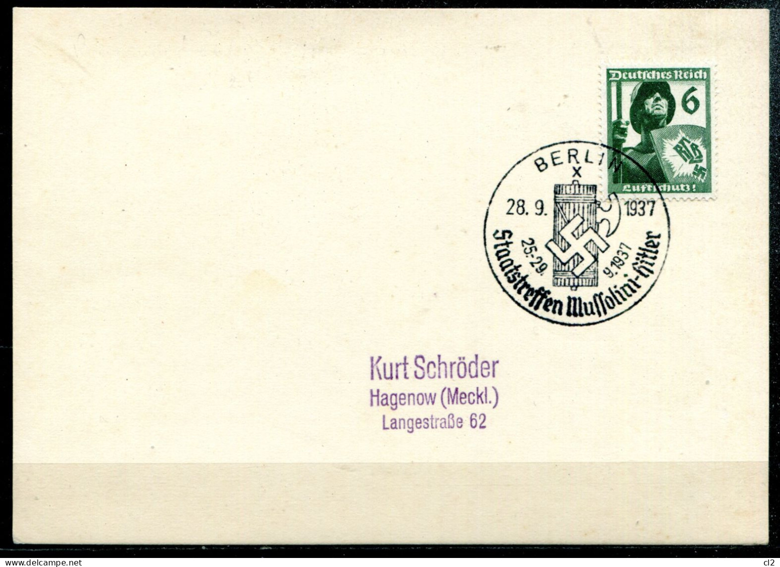 ALLEMAGNE - 28.9.1937 - BERLIN - Staatstreffen Mussolini-Hitler (Propaganda) - Lettres & Documents