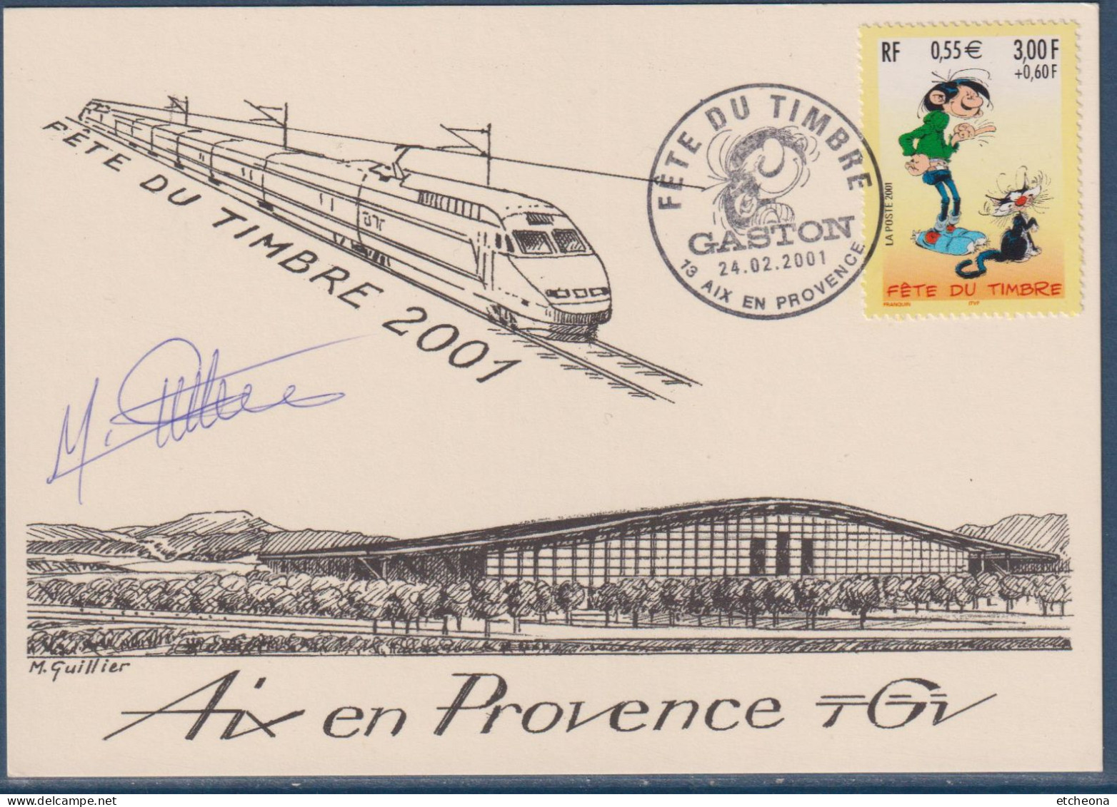 Fête Du Timbre 2001 Gaston Lagaffe Aix En Provence 24.02.01 N°3371 Illustration Gare Et TGV, Et Dédicace - 2000-2009