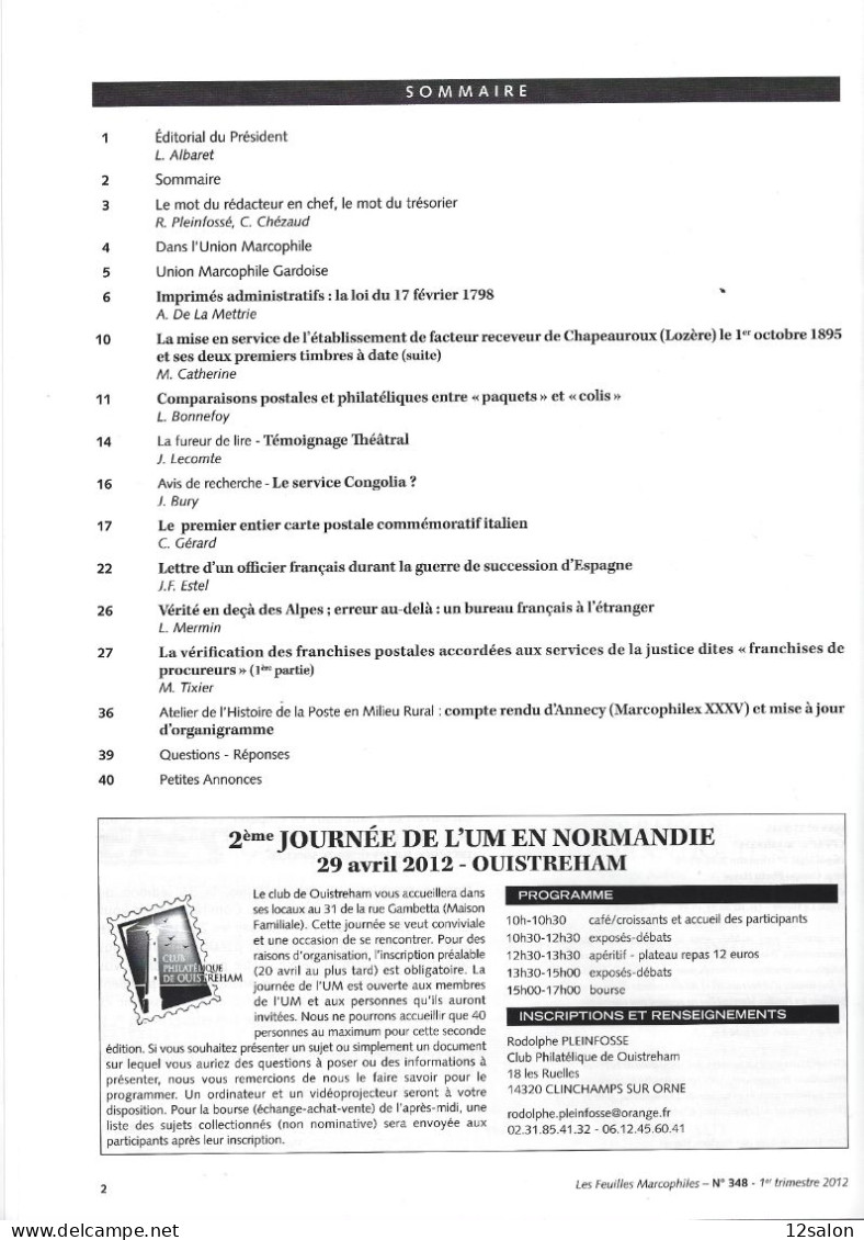 LES FEUILLES MARCOPHILES  Scan Sommaire N°348 - Francese