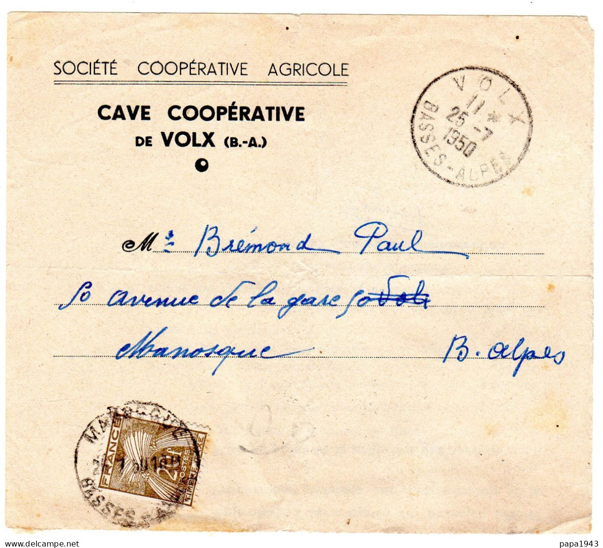1950  Devant De Letrre  " CAVE COOPERATIVE DE VOLX 04 " Taxée  Gerbes 20f Envoyée à MANOSQUE - 1859-1959 Afgestempeld