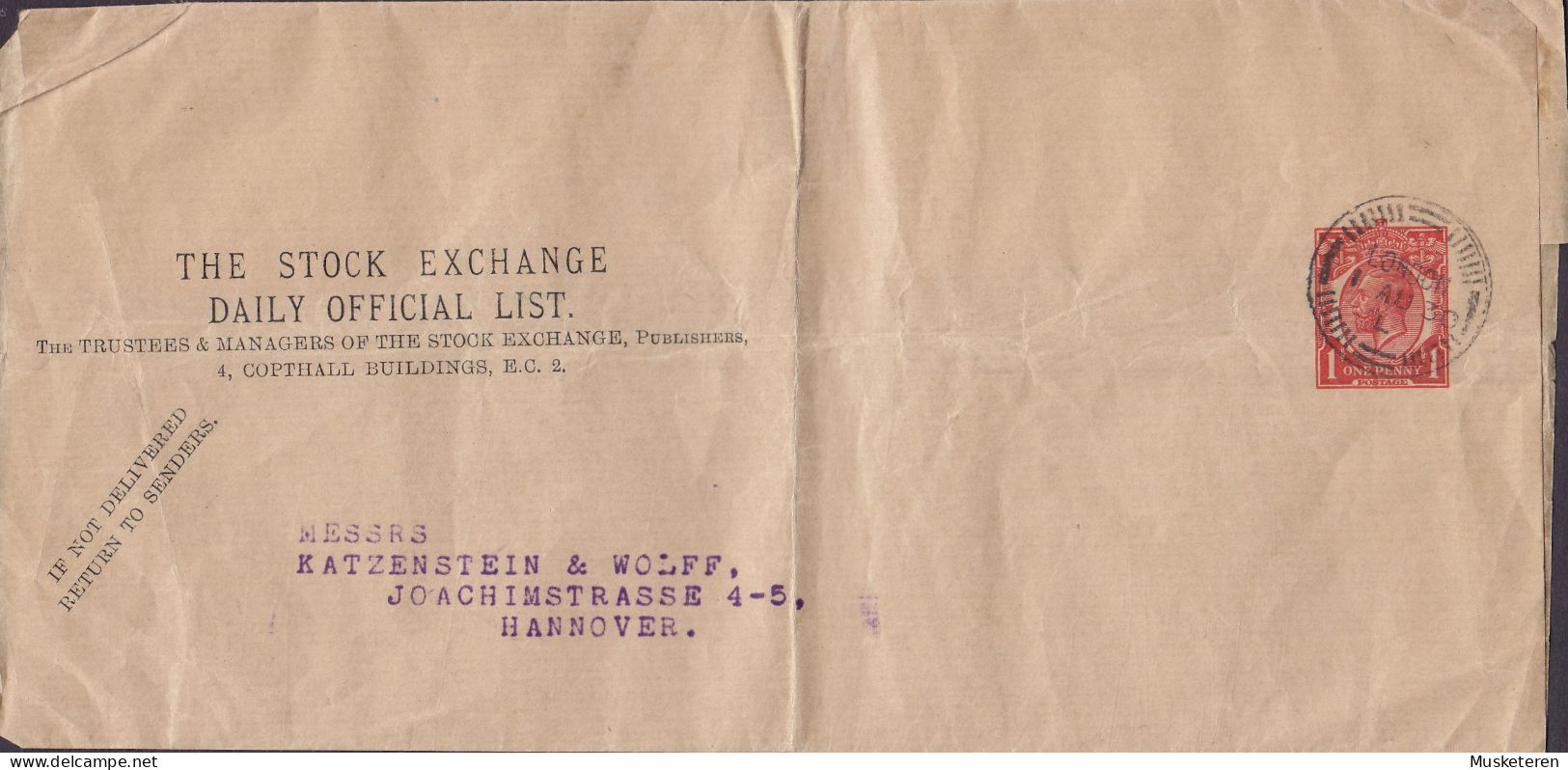 Great Britain Postal Stationery Ganzsache Wrapper Streifband GV PRIVATE Print THE STOCK EXCHANGE DAILY LIST, LONDON 1930 - Postwaardestukken