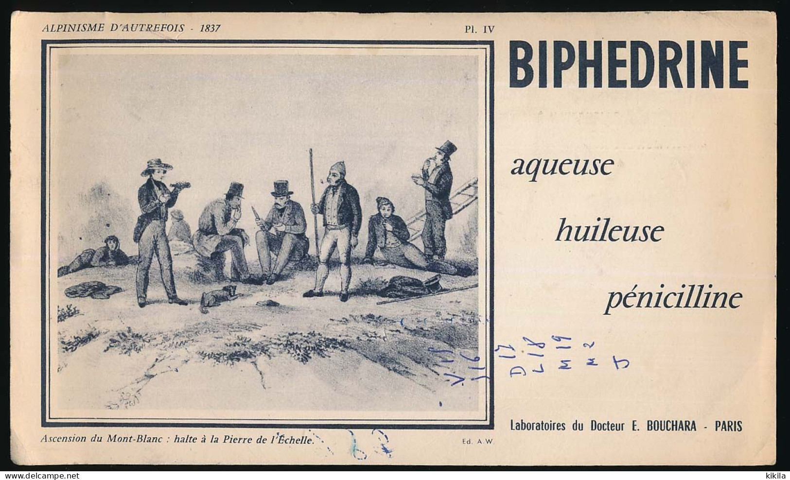 Buvard 21 X 12,4 Laboratoires BOUCHARA Alpinisme D'autrefois 1837 Pl. IV Ascension Du Mont Blanc: Halte à La Pierre De * - Produits Pharmaceutiques