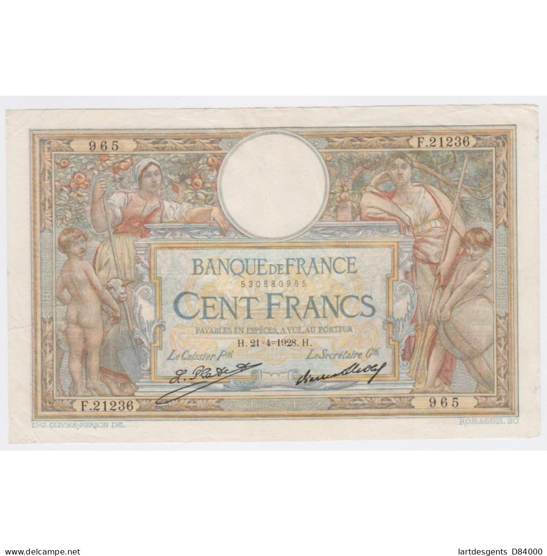 Billet France 100 Francs Luc Olivier Merson 21-04-1928, F.21236 N°965, TTB+ Lartdesgents - 100 F 1908-1939 ''Luc Olivier Merson''