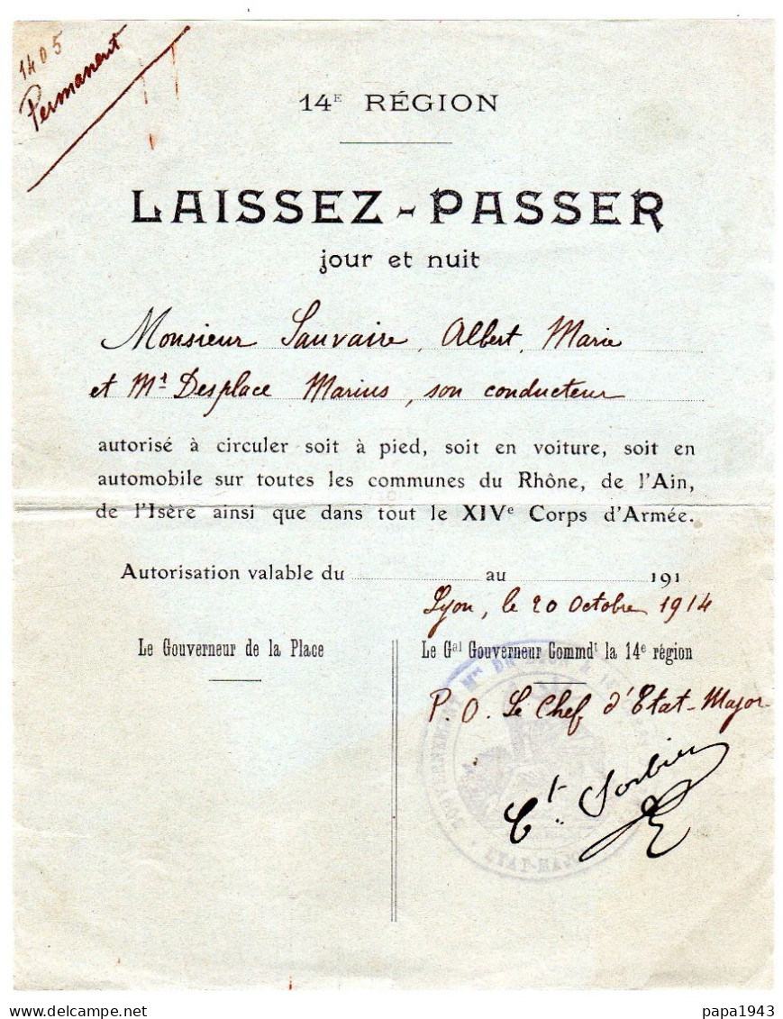 LAISSEZ - PASSER Permanent Pour Mr SAUVAIRE  Signé Pour La 14° Région En 1914 à LYON - Documents Historiques