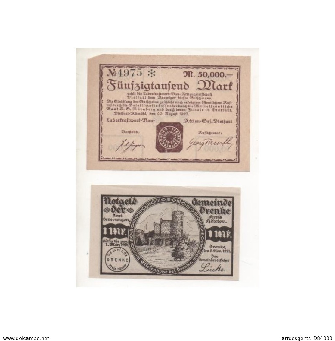 NOTGELD - DIETFURT - 2 Different Notes - 50,000 Mark & 1 Mark (D030) - Lokale Ausgaben