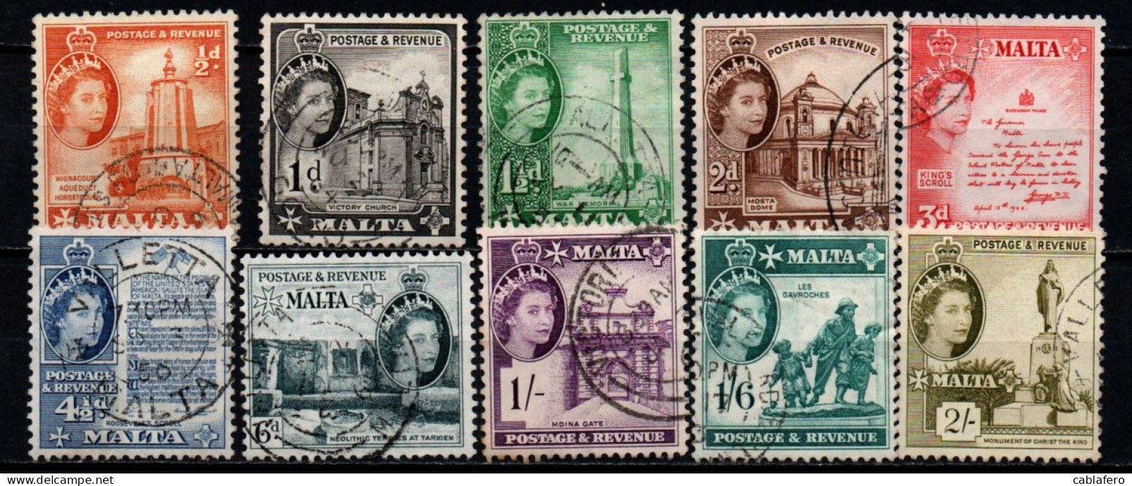 MALTA - 1956 - EFFIGIE DELLA REGINA ELISABETTA II E VEDUTE DI MALTA - USATI - Malta (...-1964)