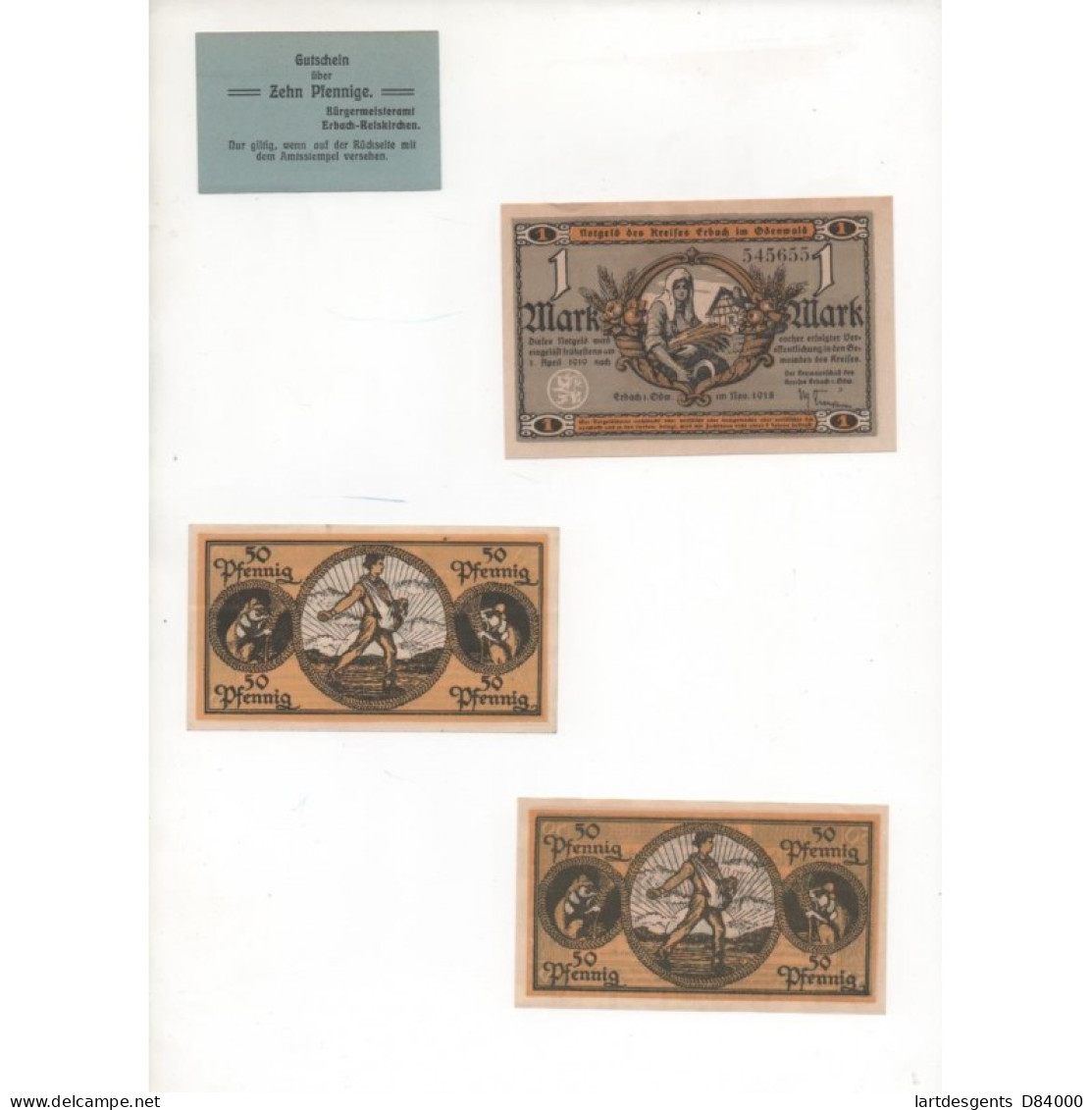 NOTGELD - ERBACH - 4 Different 10 & 50 Pfennig & 1 Mark (E045) - [11] Local Banknote Issues