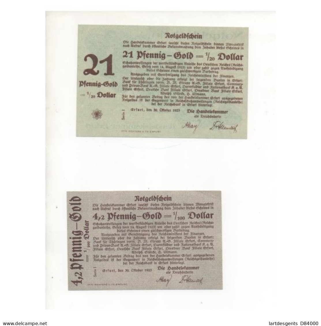 NOTGELD - ERFURT - 2 Different Notes - 4,2 & 21 Pfennig GOLD - 1923 (E048) - [11] Emissions Locales