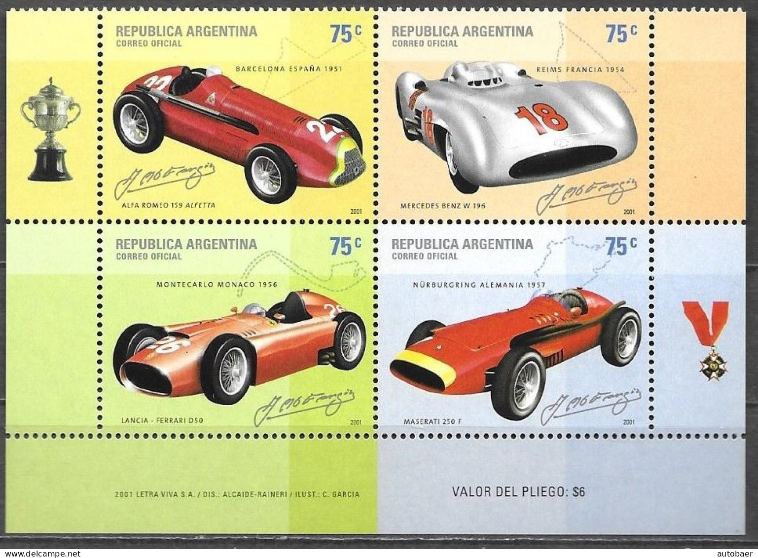 Argentina 2001 90th Anniversary Juan Manuel Fangio Racing Cars Maserati Ferrari Mi. 2682-85 Bloc Of 4 MNH Postfr.neuf ** - Nuevos