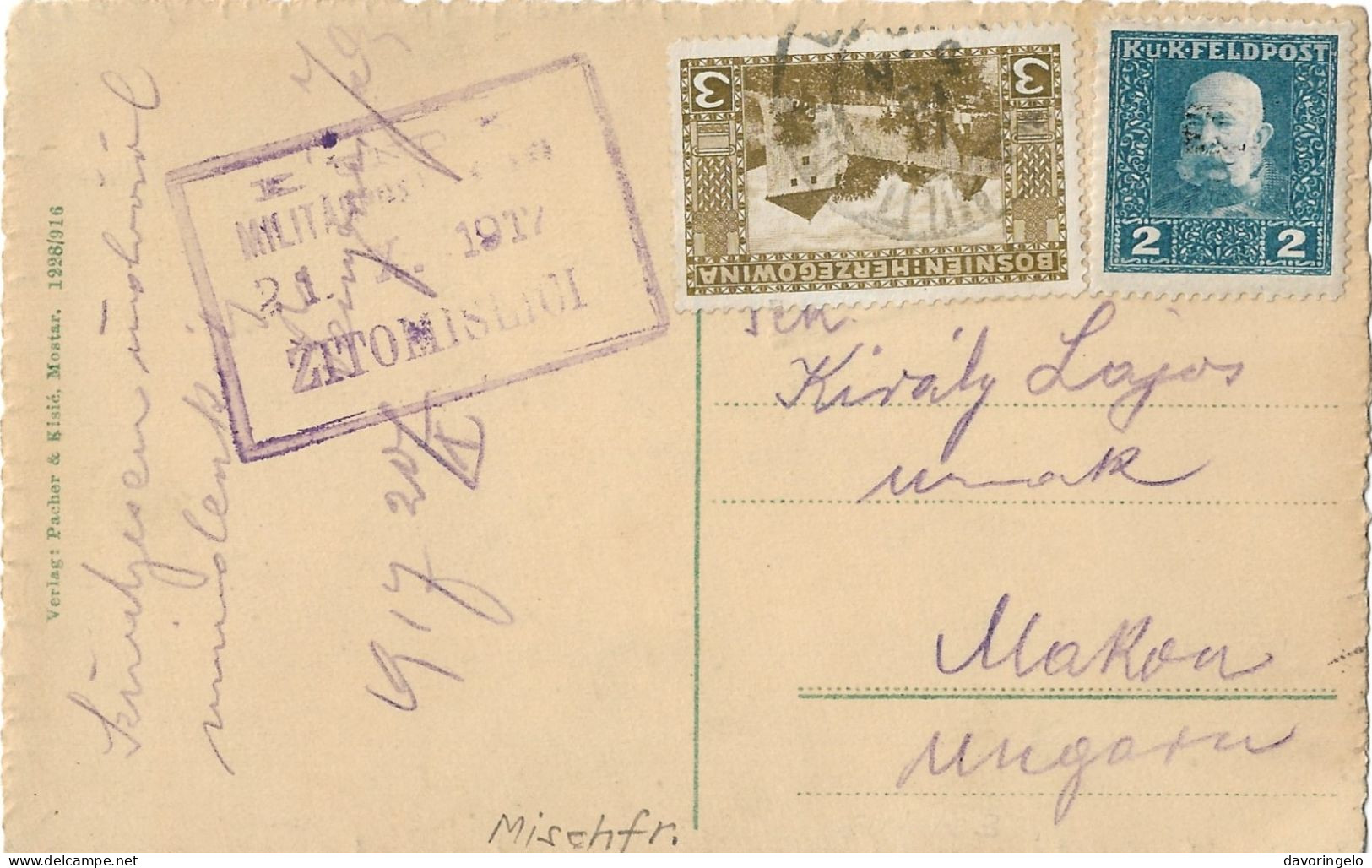 Bosnia-Herzegovina/Austria-Hungary, Picture Postcard-year 1917, Auxiliary Post Office/Ablage ZITOMISLICI, Type B1 - Bosnie-Herzegovine