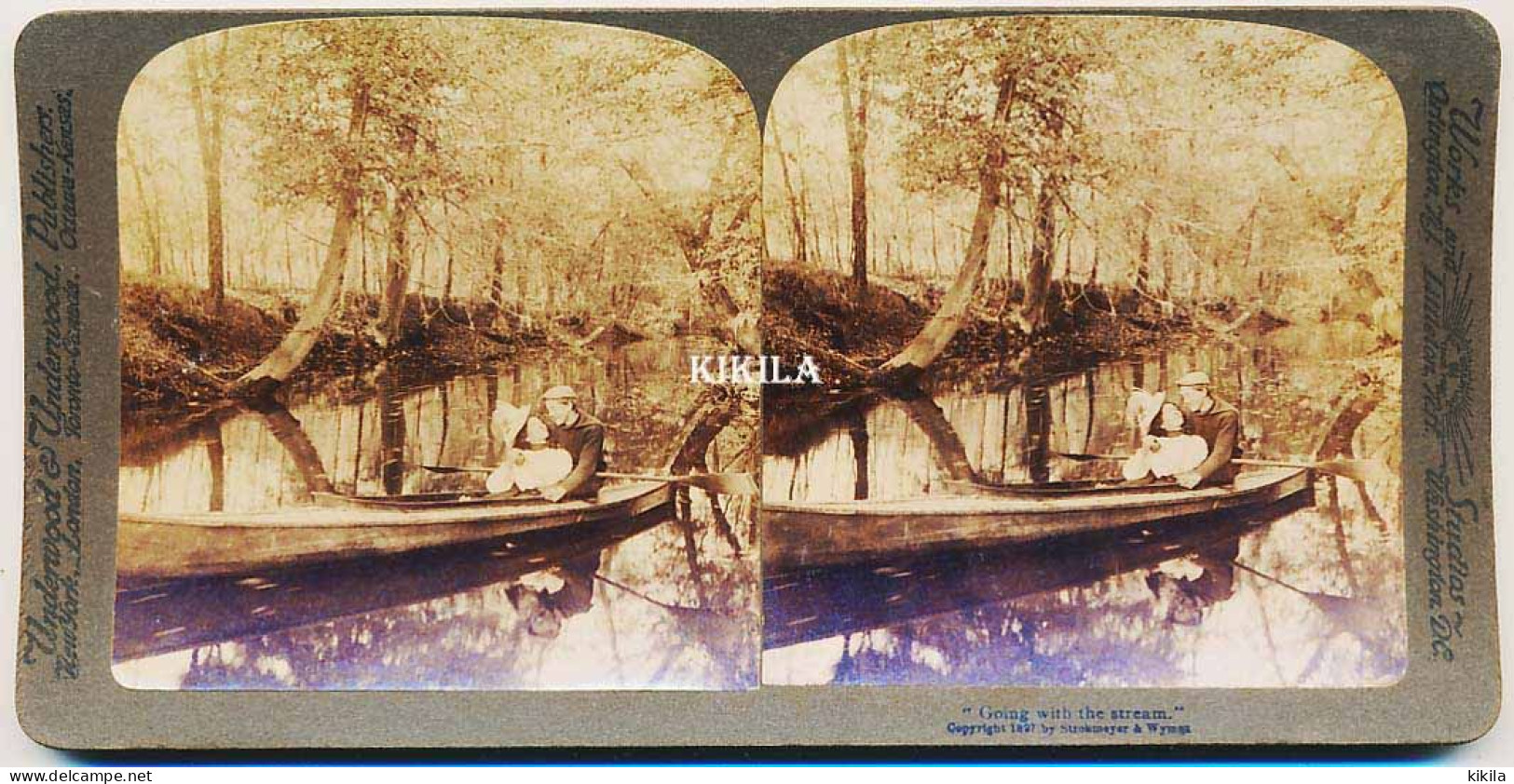 Photo Stéréoscopique (8) 7,7 X 8 Cm Collée Sur Carton Fort 17,8 X 8,8 Cm  Amoureux En Barque Sur Une Rivière "Suivant * - Stereoscoop