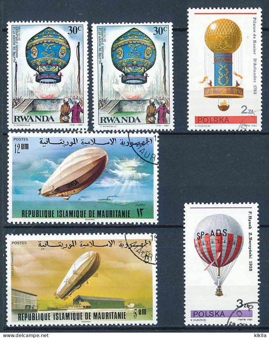 6 Timbres Oblitérés RUANDA, MAURITANIE, POLOGNE, XIV-16 Ballon  Montgolfière, Dirigeable - Luchtballons