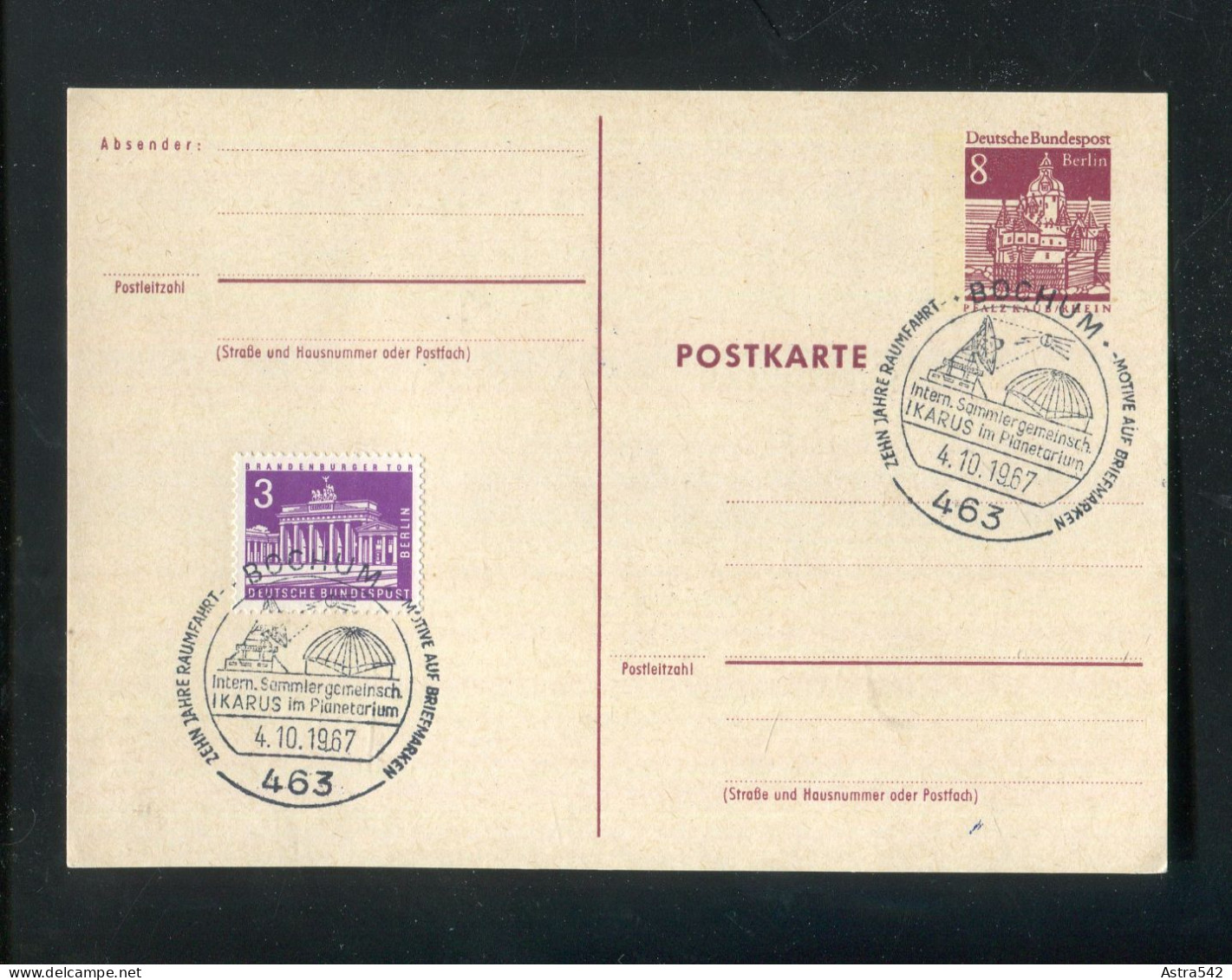 "BUNDESREPUBLIK DEUTSCHLAND" 1967, SSt. "BOCHUM, Raumfahrt/Ikarus" Auf Postkarte (A2032) - Briefe U. Dokumente