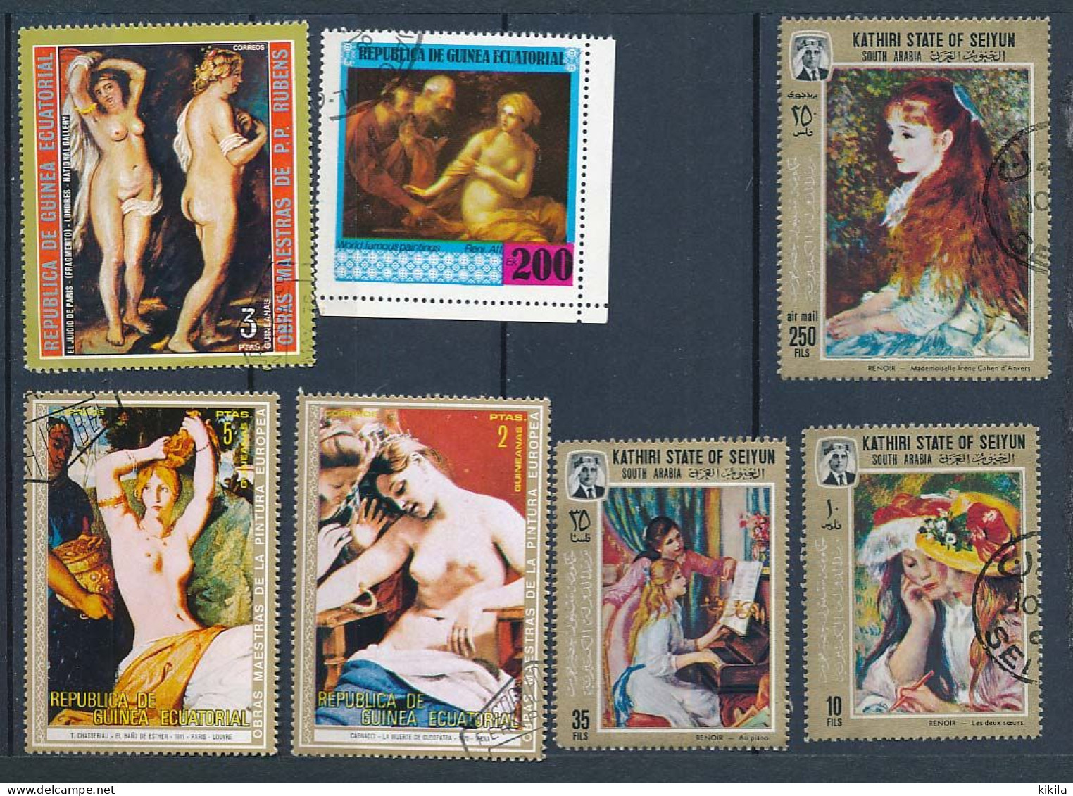 7 Timbres Oblitérés GUINEE EQUATORIALE - KATHIRI STATE OF SEIYUN XVI-14 Peinture Tableau RENOIR Femmes Nues Chasseriau * - Autres & Non Classés