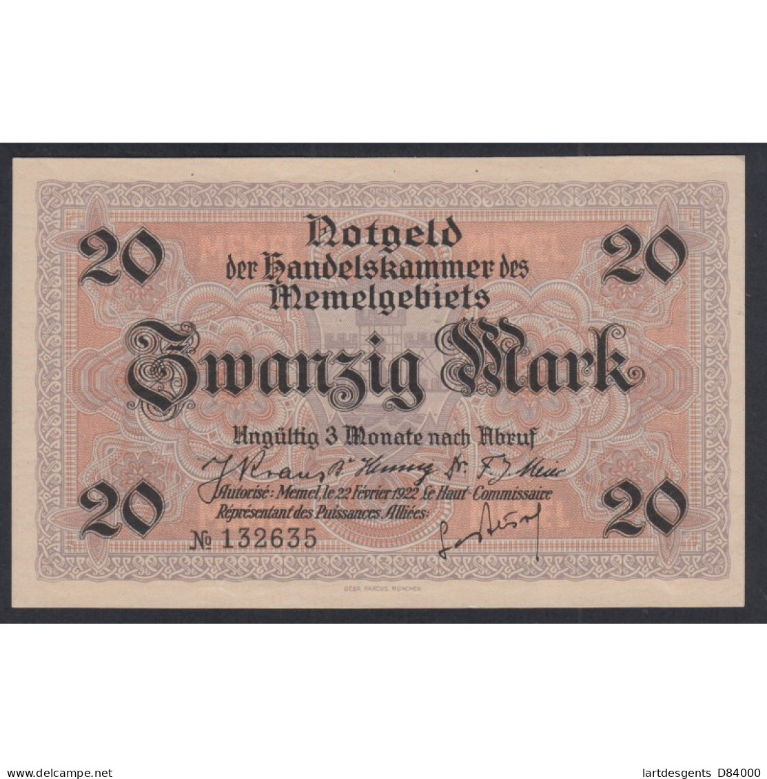 NOTGELD - Memel 20 Mark 22 Février 1922, French Administration-Post WWI, Lartdesgents.fr - [11] Emissions Locales