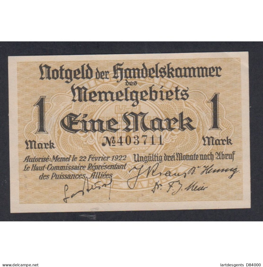 NOTGELD - Memel 1 Mark 22 Février 1922, French Administration-Post WWI, Lartdesgents.fr - [11] Local Banknote Issues
