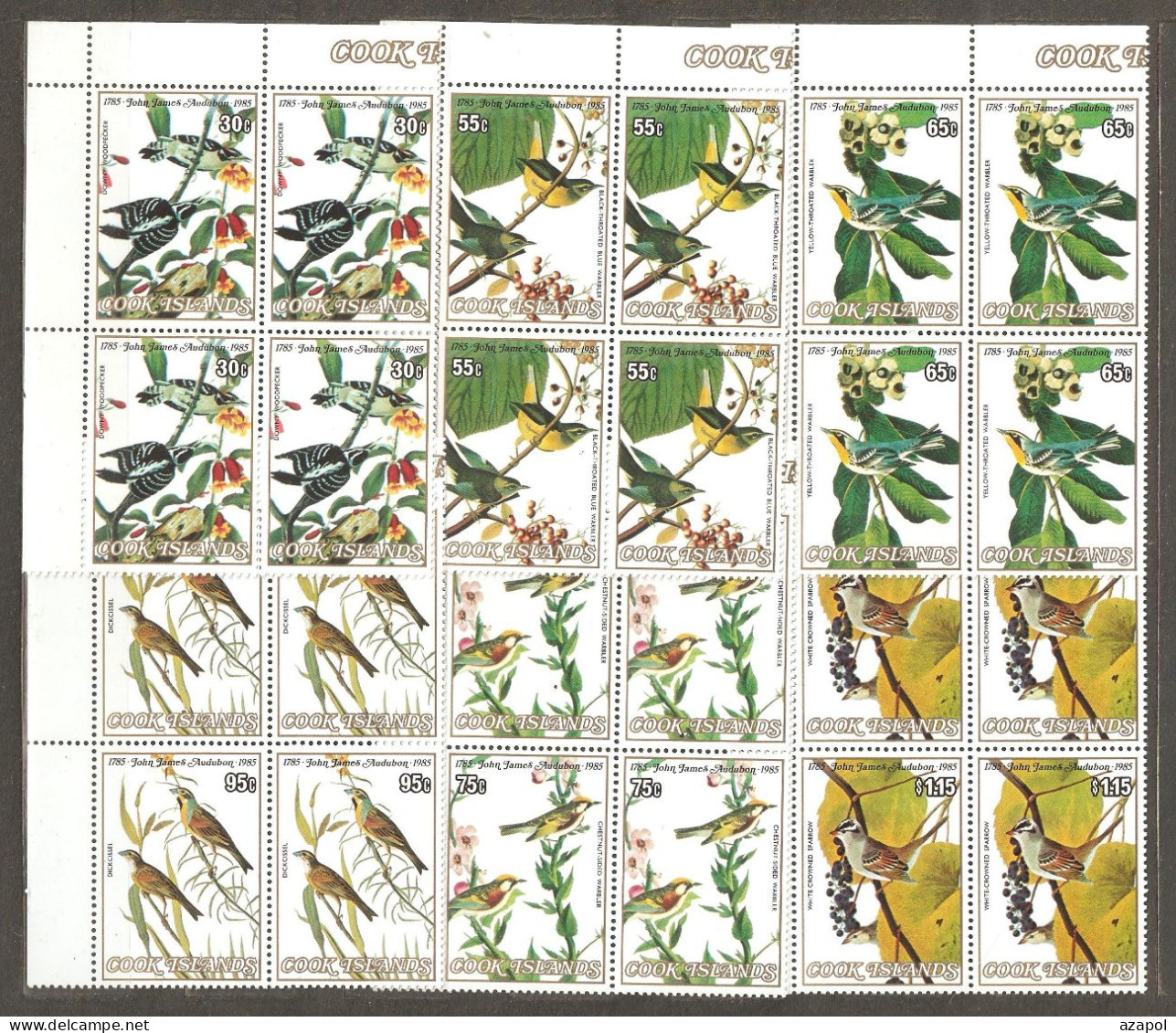 Cook Island: Full Full Set Of 6 Mint Stamps In Block Of 4, Birds, 1985, Mi#1038-43, MNH. - Cook