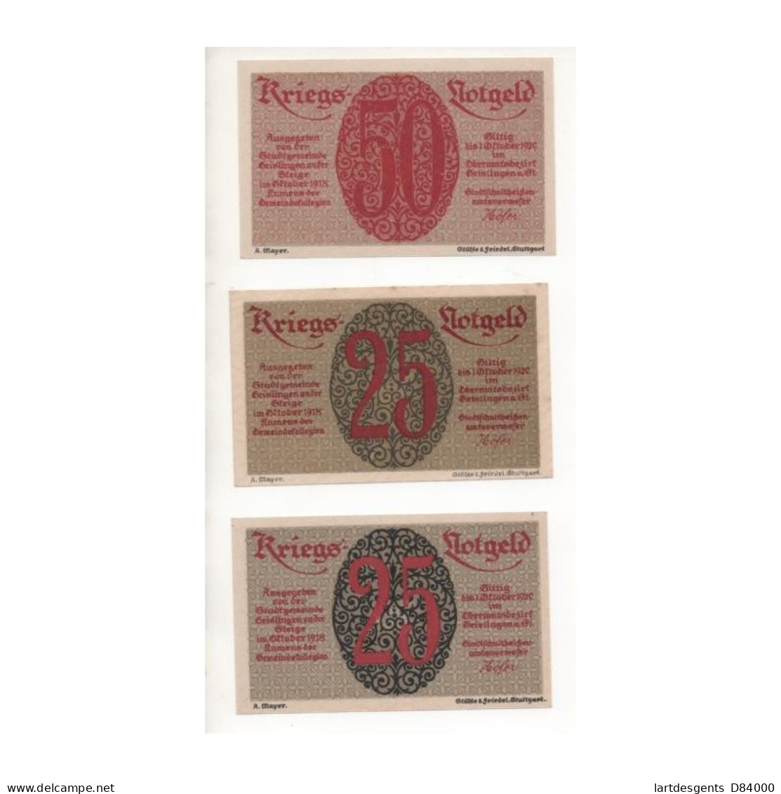 NOTGELD - GEISLINGEN - 3 Different Notes 25 & 50 Pfennig (G013) - Lokale Ausgaben