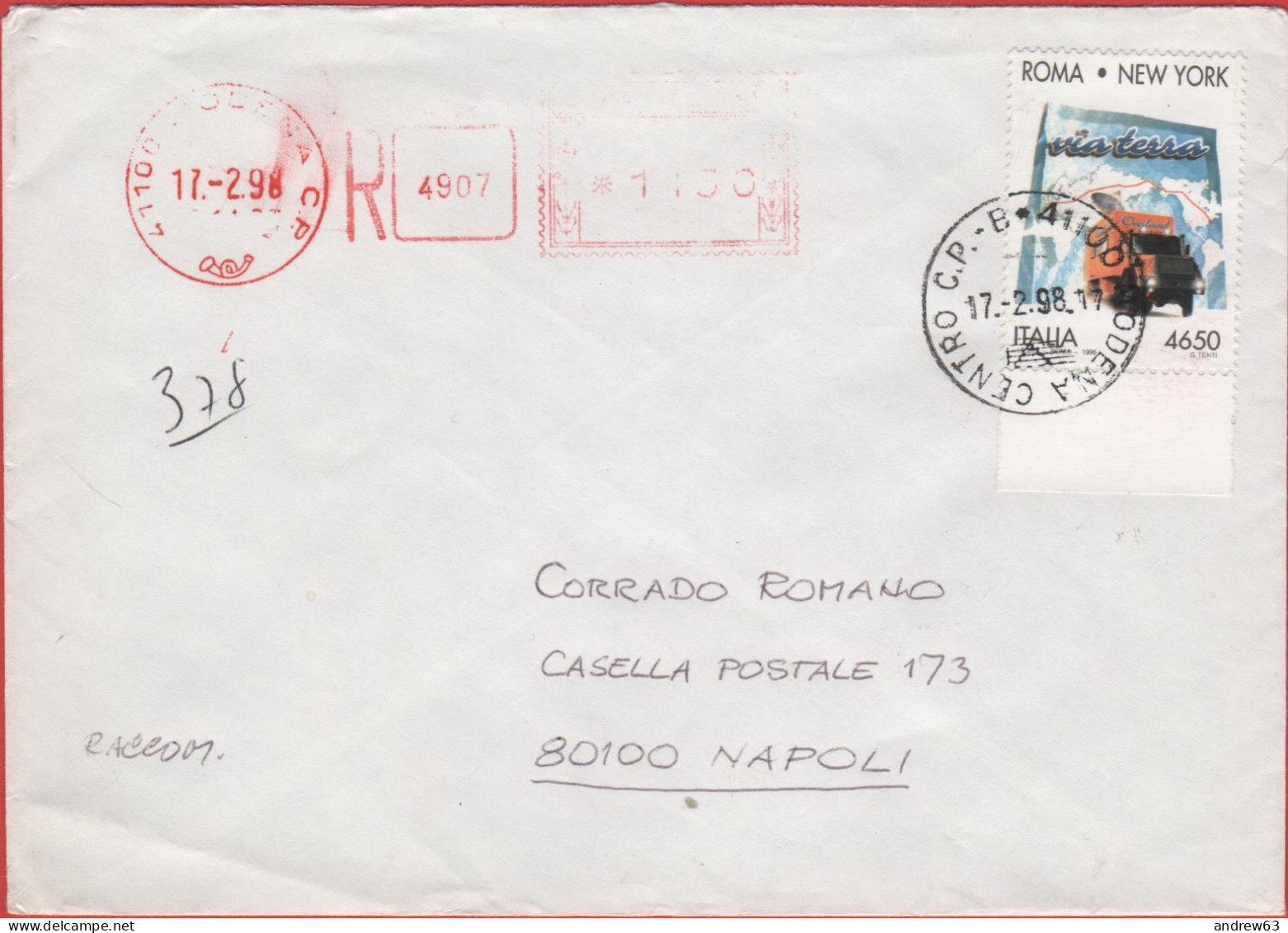 ITALIA - Storia Postale Repubblica - 1996 - 1150 EMA + 4650 Traversata Transcontinentale Dall'Italia Agli Stati Uniti Vi - 1991-00: Poststempel