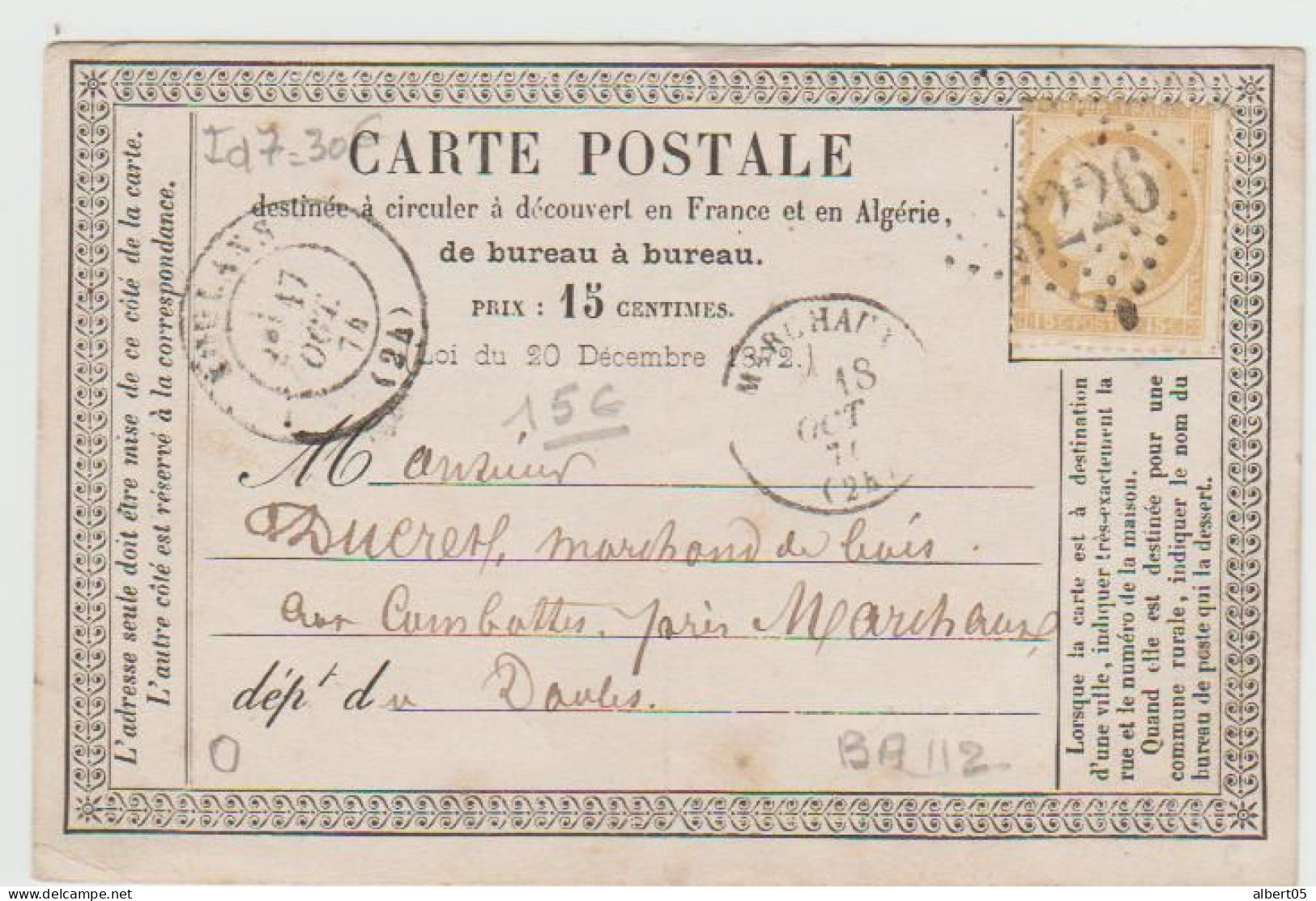 Carte Postale DeRoulans Pour Combottes ( Marchaux ) - Tàd Type 17 Du 17 Octobre 1874 - GC 3226 Sur Cérèe 15c Bistre - 1849-1876: Periodo Clásico