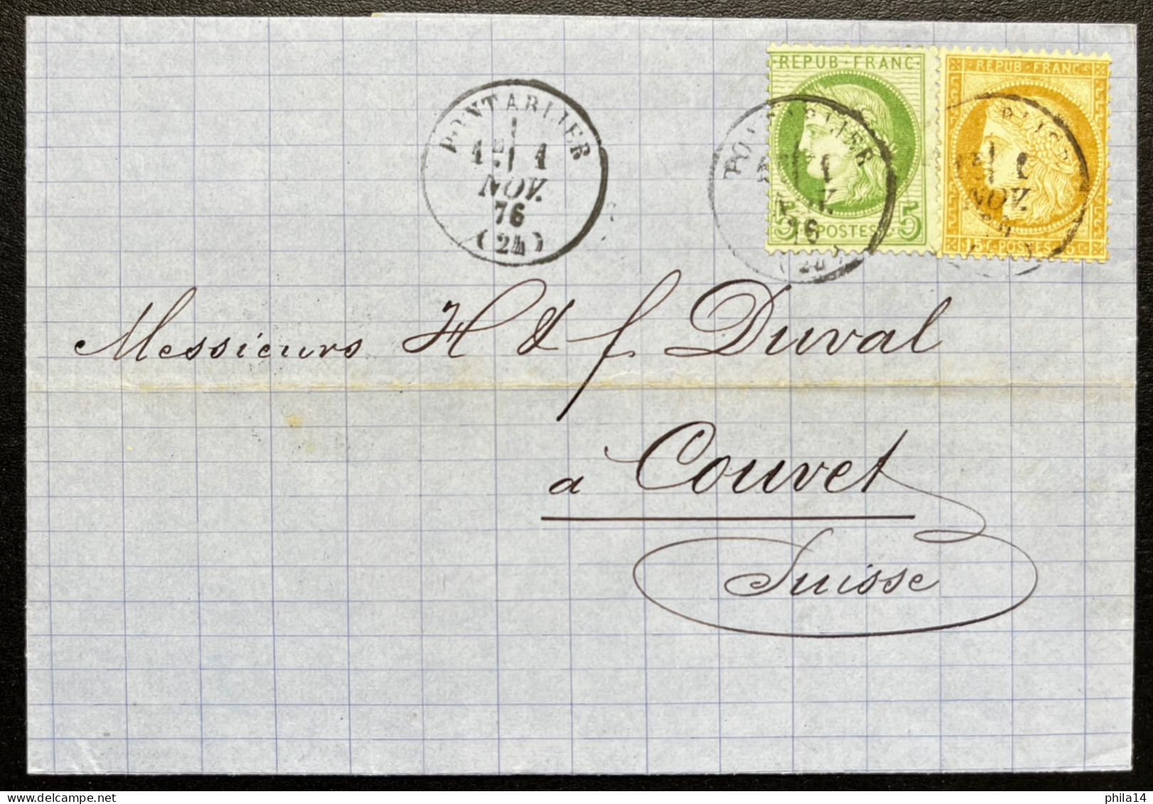 N°55 15c BISTRE &N°53 5c VERT CERES  SUR LETTRE / PONTARLIER DOUBS POUR COUVET SUISSE / 1 NOV 1876 / LAC - 1849-1876: Période Classique