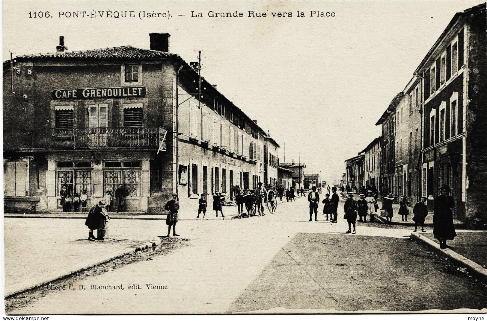 2355  - PONT  EVEQUE  : Grande Rue  Et Café GRENOUILLET  à Gauche + Attelage    Circulée En1909 - Autres & Non Classés