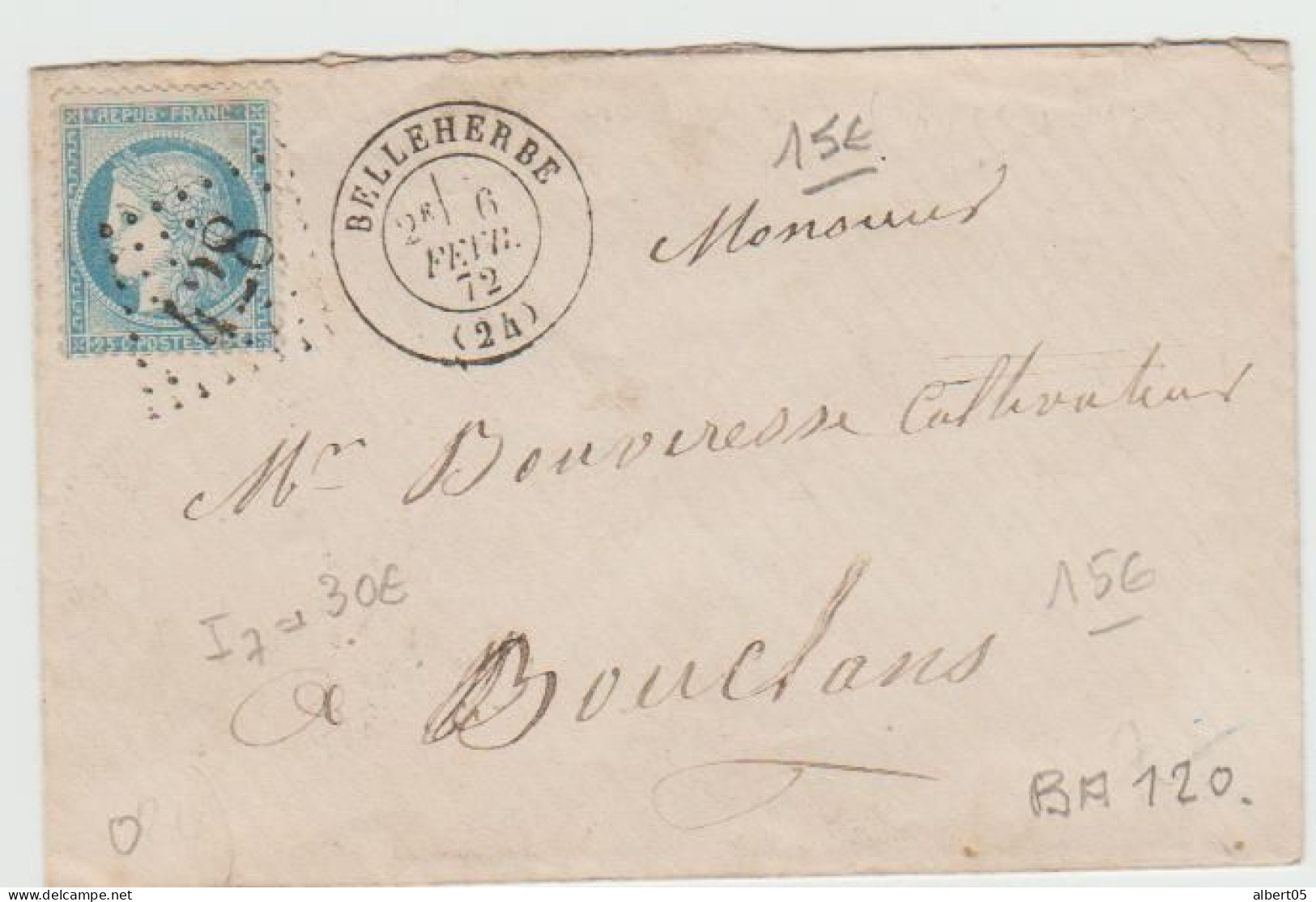 Petite Enveloppe De Belleherbe Pour Bouclans - Tàd Type 17 Du 6 FEv 72 - GC 428 Sur N° 60 - 1849-1876: Periodo Clásico