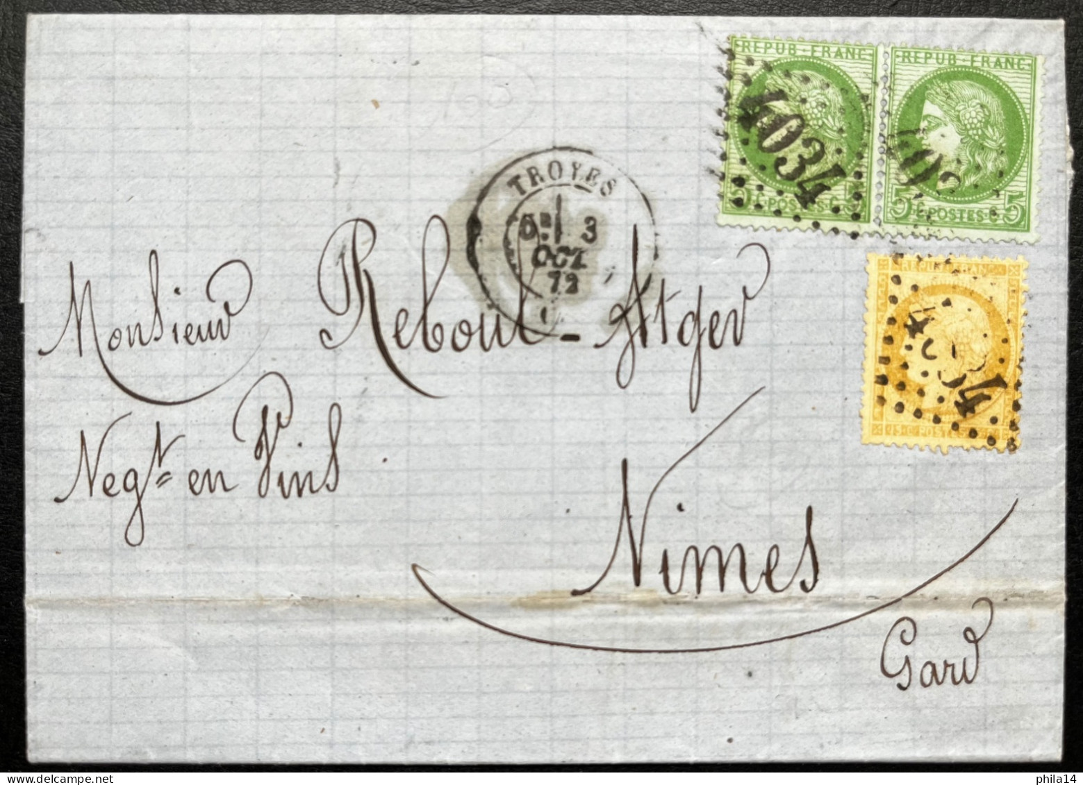 N°59 15c BISTRE & PAIRE N°53 5c VERT CERES  SUR LETTRE / TROYES AUBE POUR NIMES / 3 OCT 1872 / LAC - 1849-1876: Période Classique