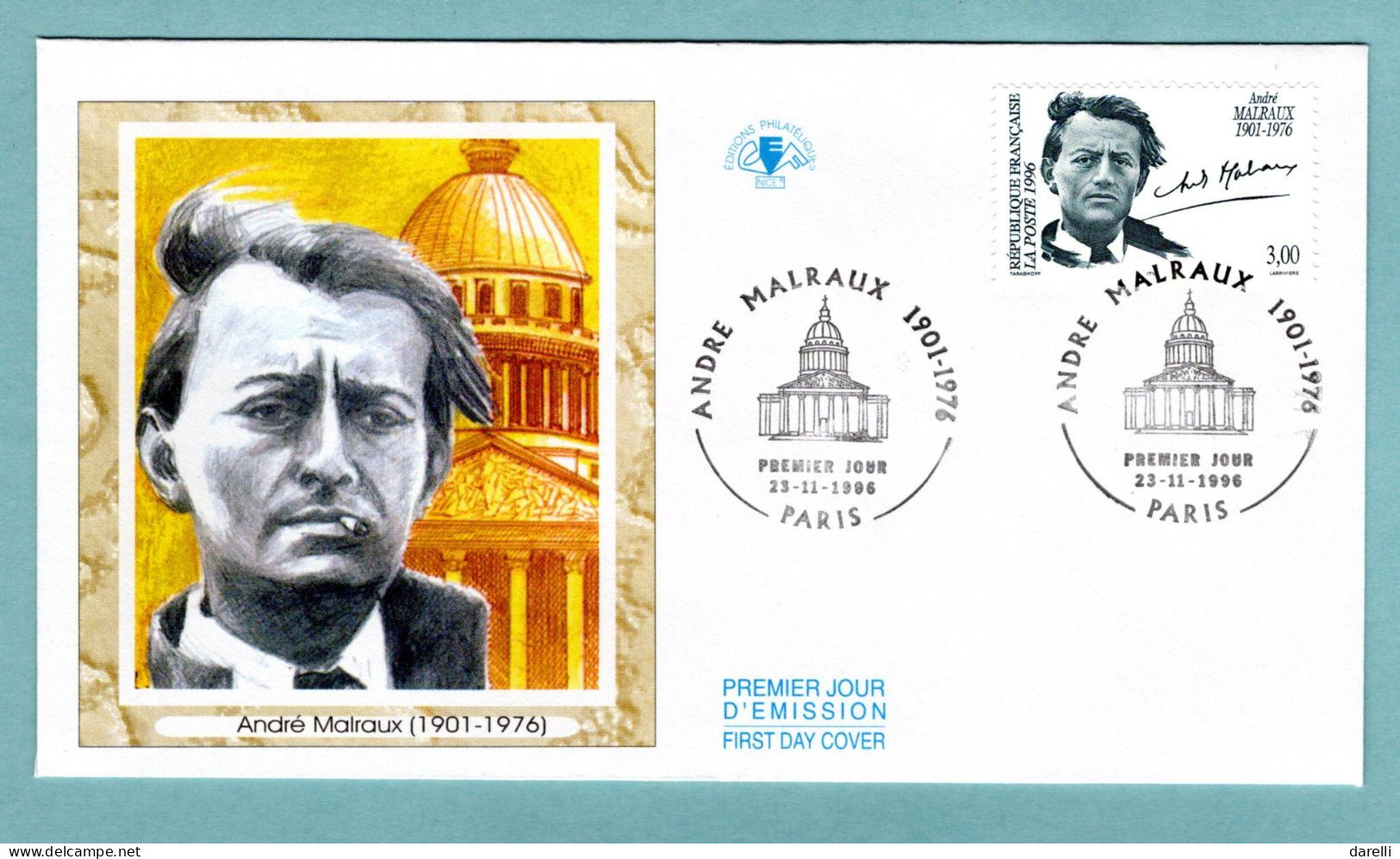 FDC France 1996 - André Malraux - écrivain - 20ème Anniversaire De Sa Mort - YT 3038 - Paris - 1990-1999