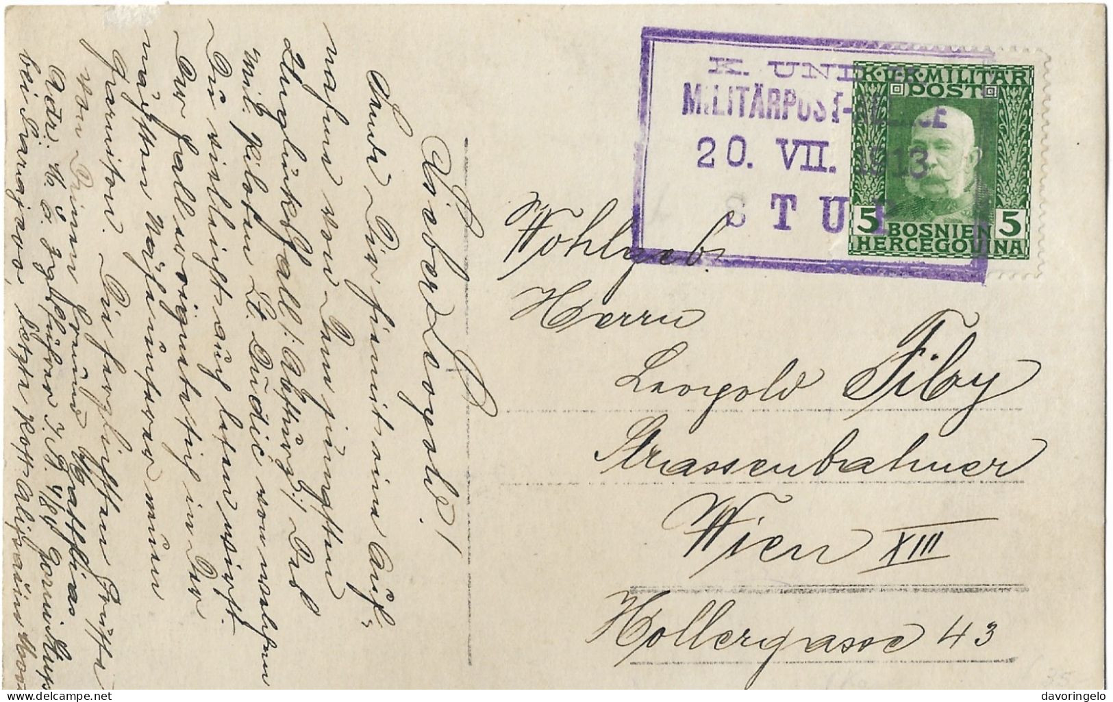 Bosnia-Herzegovina/Austria-Hungary, Picture Postcard-year 1913, Auxiliary Post Office/Ablage STUP, Type B1 (VIOLET) - Bosnia Erzegovina