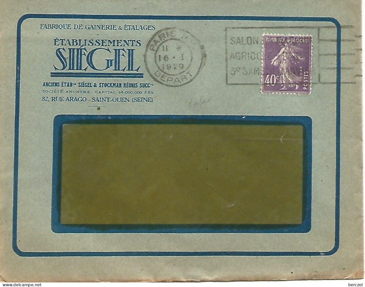 FRANCE ANNEE 1927/1931 N°236 PERFORE ETABLISSEMENT SIEGEL  16 I 1929 TB  - Cartas & Documentos