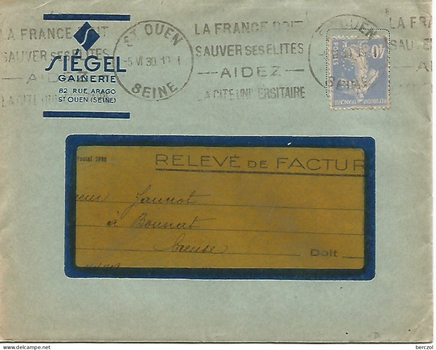 FRANCE ANNEE 1927/1931 N°237 PERFORE ETABLISSEMENT SIEGEL  5 VI 30 + FACTURES TB  - Covers & Documents