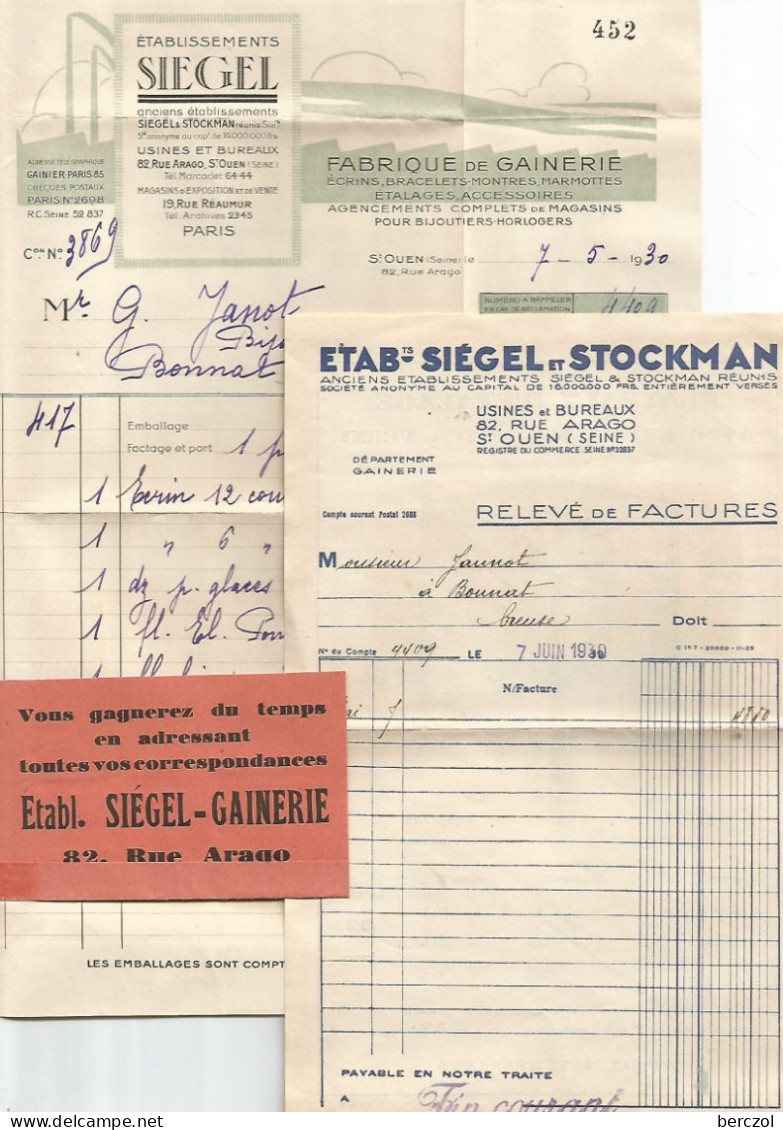 FRANCE ANNEE 1927/1931 N°237 PERFORE ETABLISSEMENT SIEGEL  5 VI 30 + FACTURES TB  - Cartas & Documentos