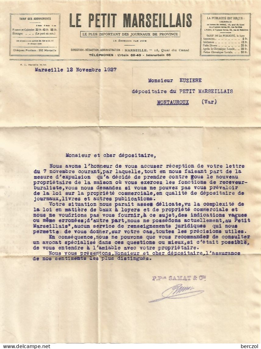FRANCE ANNEE 1924/1932 N°199 PERFORE PM LE PETIT MARSEILLAIS 12 XI 1927 + CORRESPONDANCE  TB  - Storia Postale