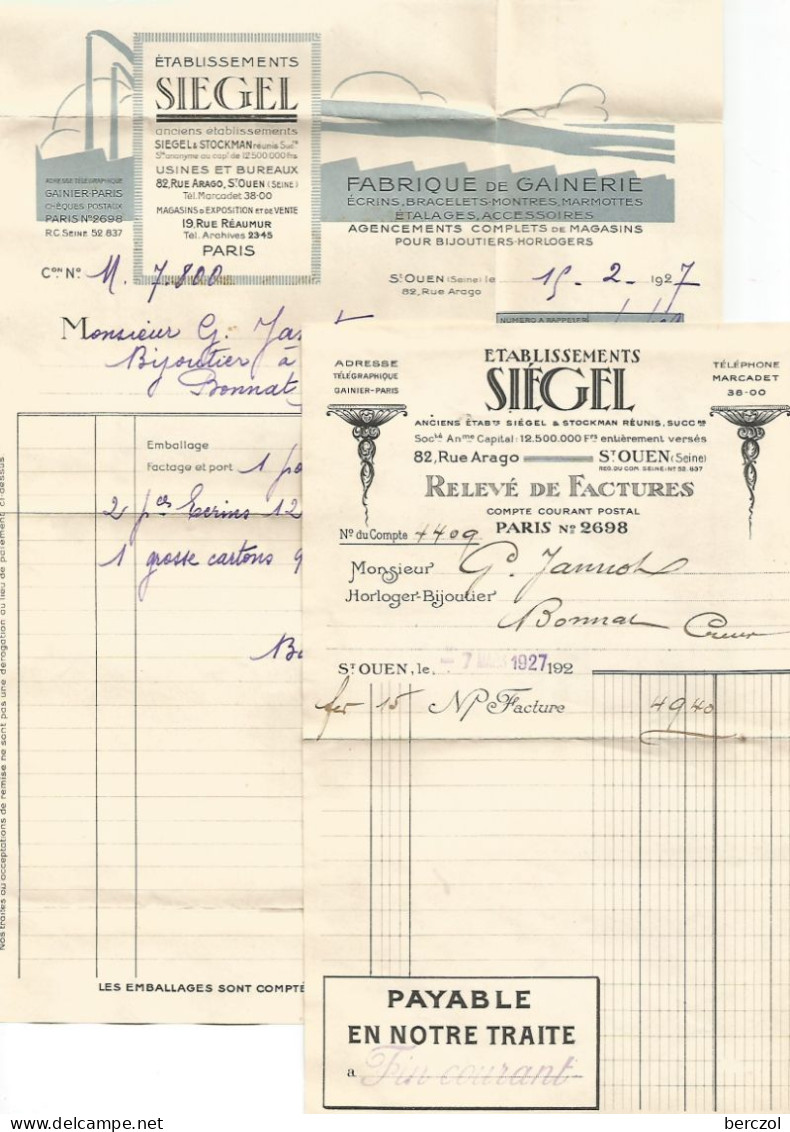 FRANCE ANNEE 1924/1926 N°193 PERFORE ETABLISSEMENT SIEGEL 16 II 27 FACTURES  TB  - Brieven En Documenten