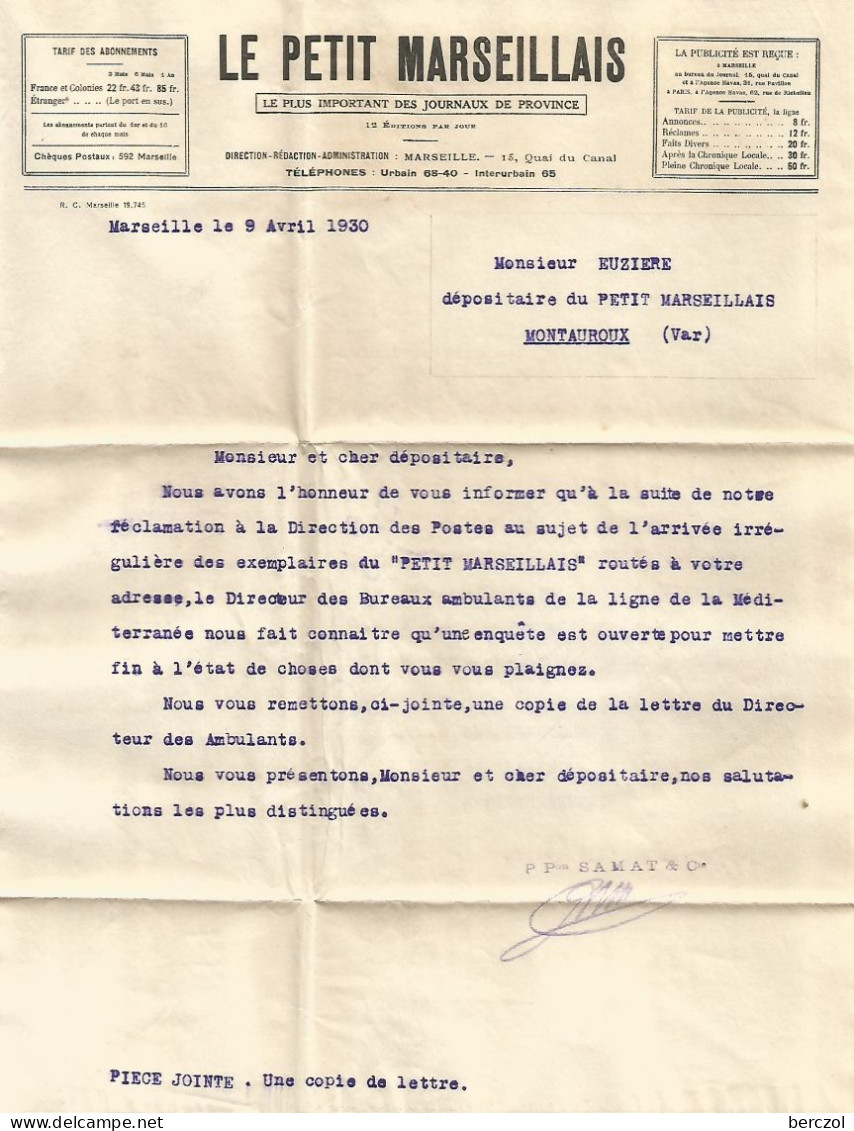 FRANCE ANNEE 1924/1932 N°199 PERFORE PM LE PETIT MARSEILLAIS 10 IV 1930 + CORRESPONDANCES  TB  - Briefe U. Dokumente