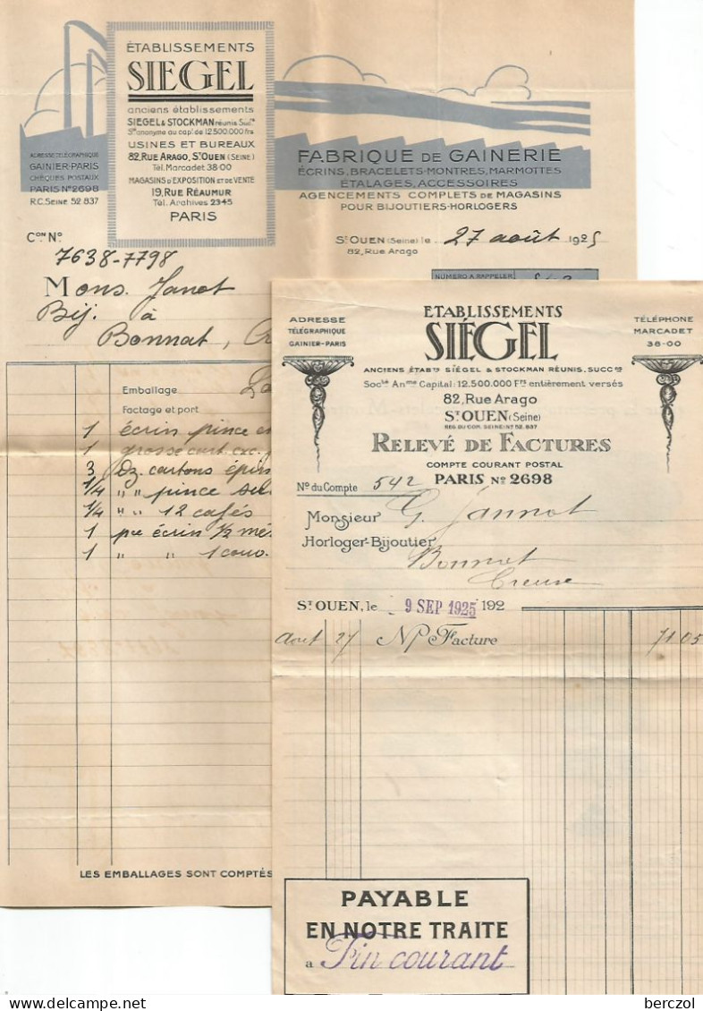 FRANCE ANNEE 1924/1926 N°192 PERFORE ETABLISSEMENT SIEGEL 26 VIII 1925 FACTURES + CORRESPONDANCES TB  - Covers & Documents