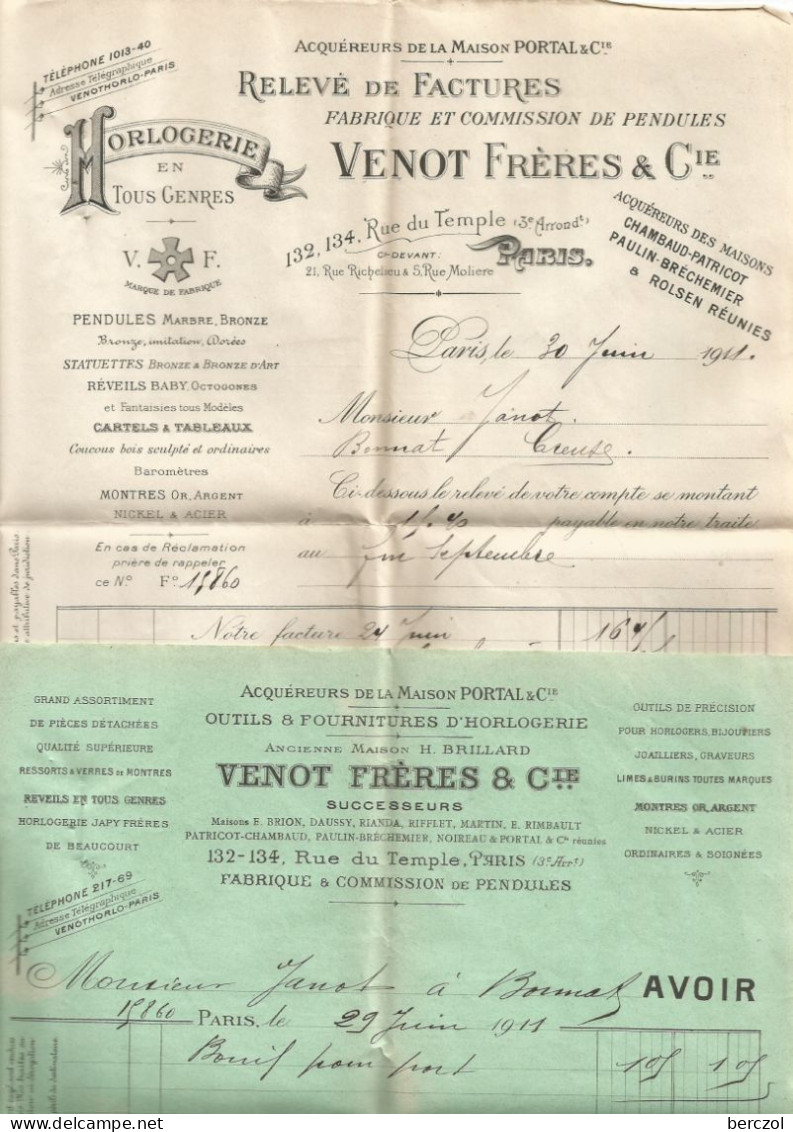 FRANCE ANNEE 1906 N°135 PERFORE VF VENOT FRERES & Cie 1 JUIL 1911 + 1 FACTURES ET 1 AVOIR TB  - Brieven En Documenten