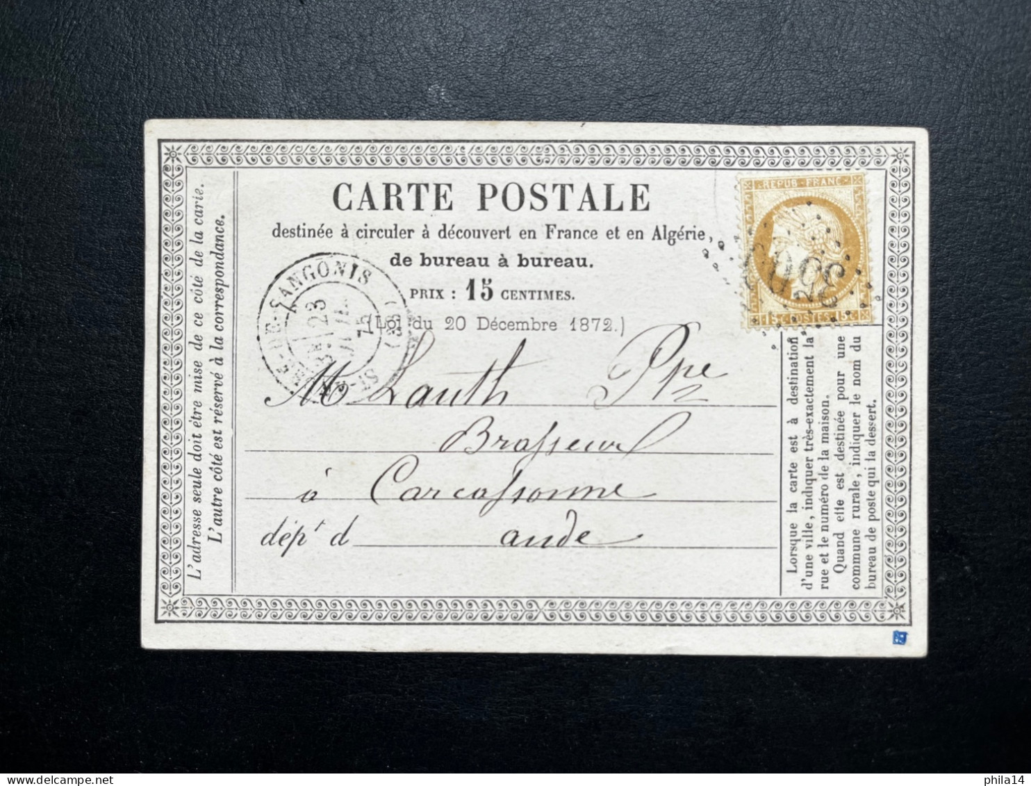 N°55 15c BISTRE CERES SUR CARTE POSTALE / ST ANDRE DE SANGONIS HERAULT POUR CARCASSONNE / 23 JUIL 1875 / LAC - 1849-1876: Klassik