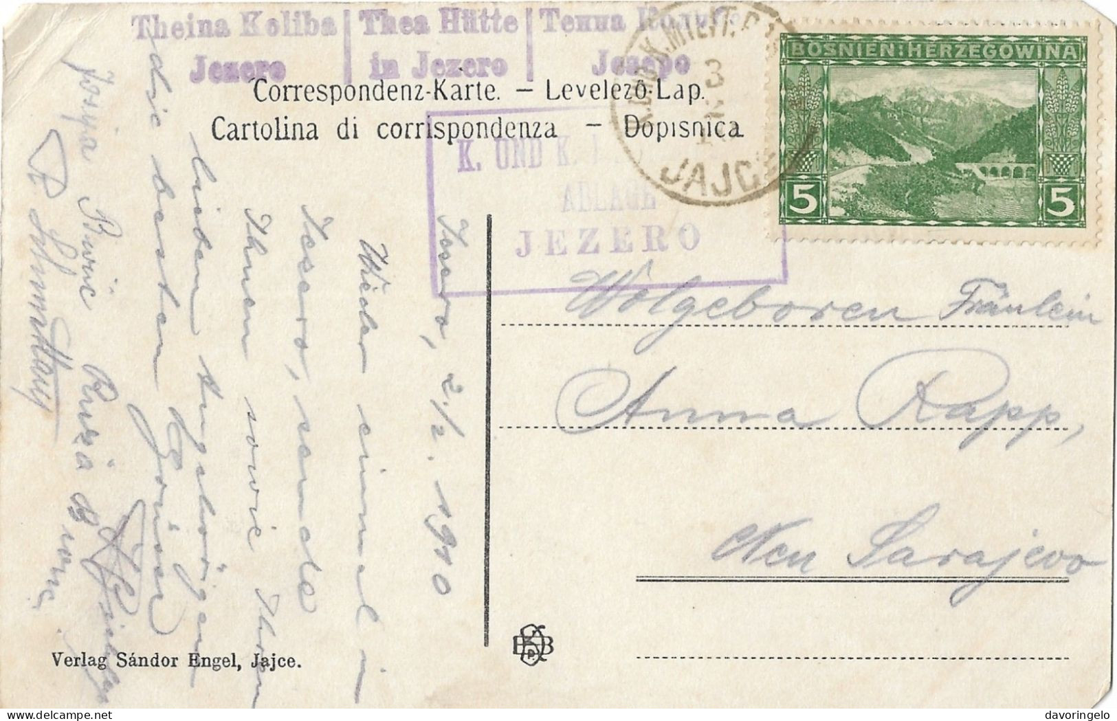 Bosnia-Herzegovina/Austria-Hungary, Picture Postcard-year 1910, Auxiliary Post Office/Ablage JEZERO, Type A1 - Bosnien-Herzegowina