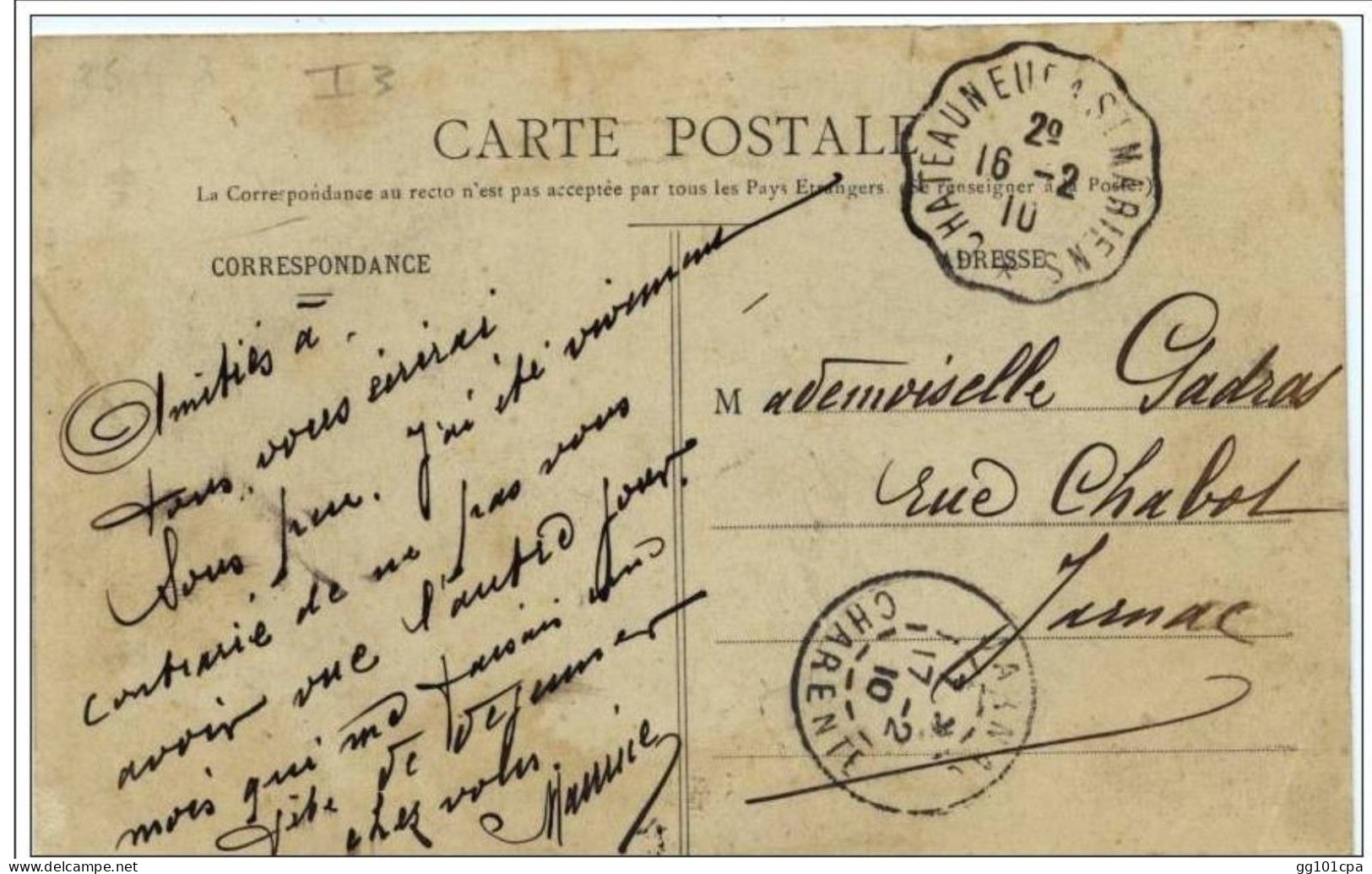 Cachet Convoyeur Ligne "CHATEAUNEUF A ST MARIENS 1910" Refait Au Dos Superbe Indice=3 Cp Baignes Paiement MANGOPAY - Railway Post
