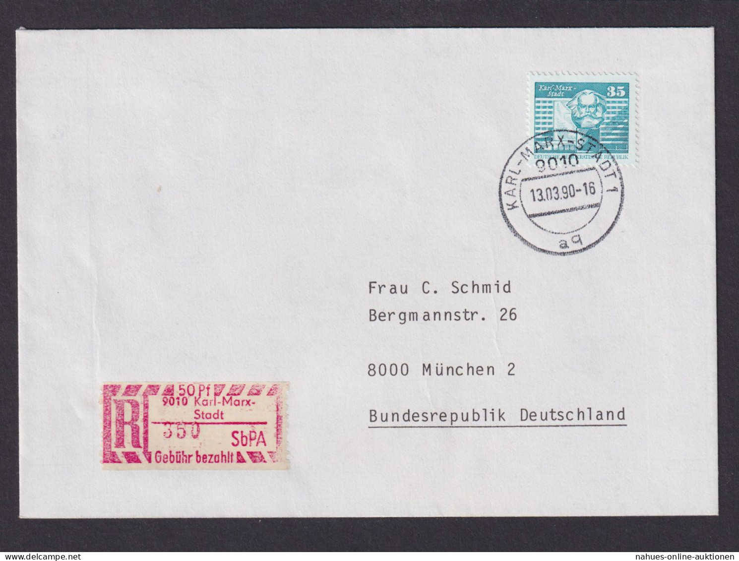 Briefmarken DDR Einschreibemarke Karl Marx Stadt 50Pfg. Plus 2506 Aufbau München - Covers & Documents